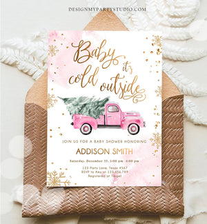 Editable Baby Its Cold Outside Baby Shower Invitation Winter Truck Pink Girl Baby Shower Gold Watercolor Tree Template Download Corjl 0495