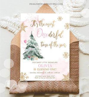 Editable Most Onederful Time Of The Year Birthday Invitation First Winter ONEderland Pink Gold Tree Christmas Snowflake Corjl Template 0363