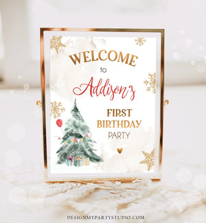 Editable Winter Onederland Welcome Sign Christmas Tree Watercolor First Birthday Neutral Red Gold Snowflake Corjl Template Printable 0363