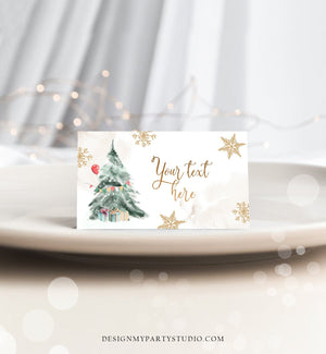 Editable Winter Onederland Birthday Food Label Tent Cards Winter Tree Neutral Red Gold Christmas Place Snow Printable Template Corjl 0363