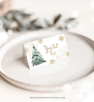 Editable Baby It's Cold Outside Food Tent Cards Winter Tree Labels Neutral Gold Birthday Baby Shower Place Printable Template Corjl 0363