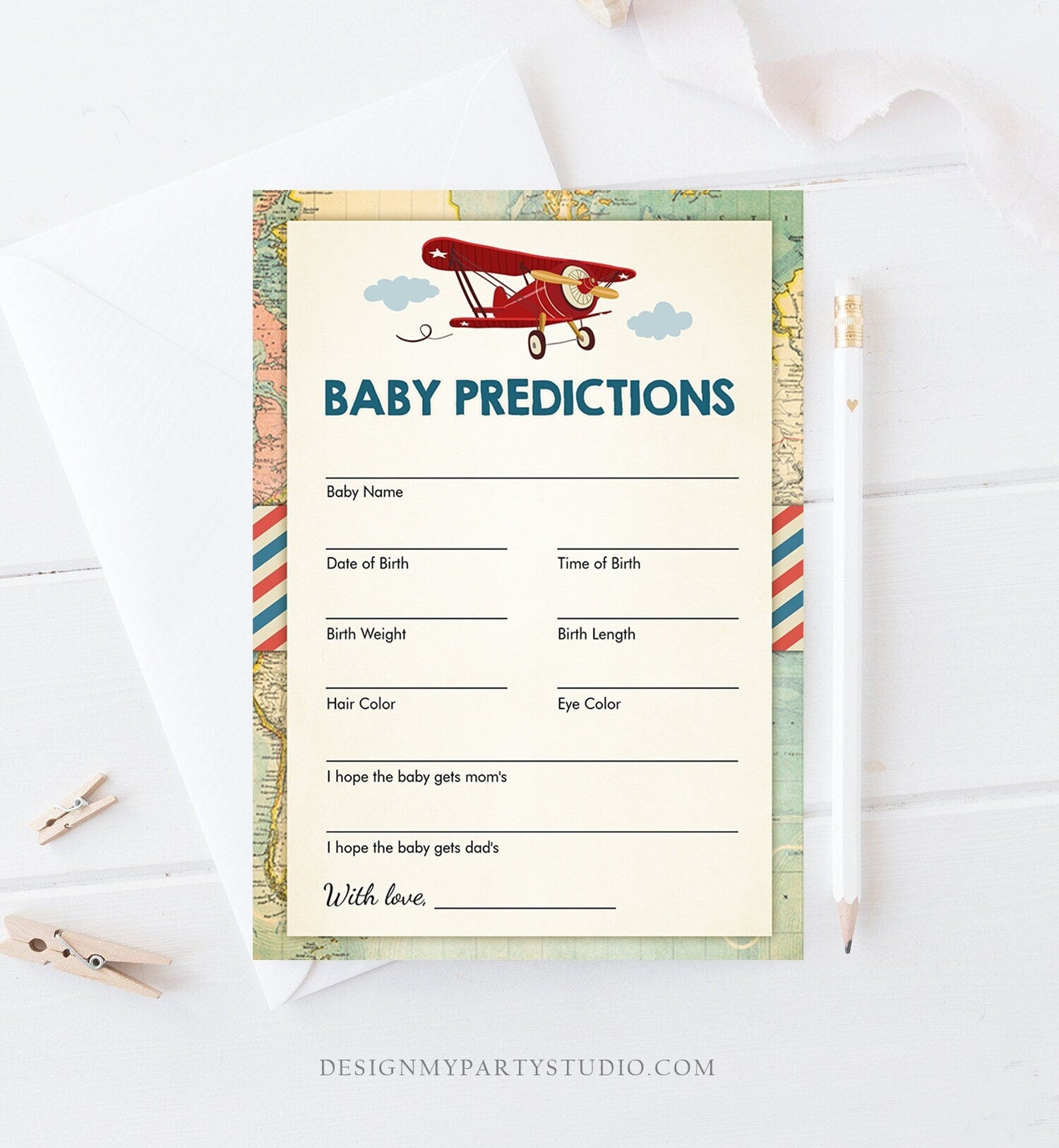 Editable Baby Predictions Game Card Shower Activity Red Airplane Vintage Travel Adventure Baby Shower Game Corjl Template Printable 0011