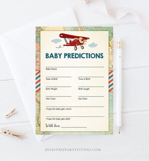 Editable Baby Predictions Game Card Shower Activity Red Airplane Vintage Travel Adventure Baby Shower Game Corjl Template Printable 0011