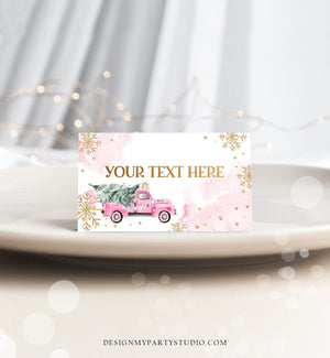 Editable Winter Truck Food Label Place Card Tent Card Escort Holiday Party Christmas Pink Truck Winter Tree Download Corjl Template 0495