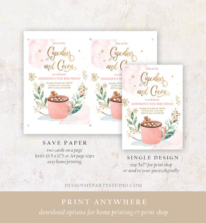 Editable Cupcakes and Cocoa Invitation Hot Cocoa Party Hot Chocolate Christmas Birthday Girl Pink Gold Printable Template Corjl 0353