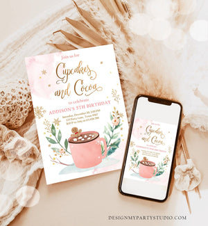 Editable Cupcakes and Cocoa Invitation Hot Cocoa Party Hot Chocolate Christmas Birthday Girl Pink Gold Printable Template Corjl 0353