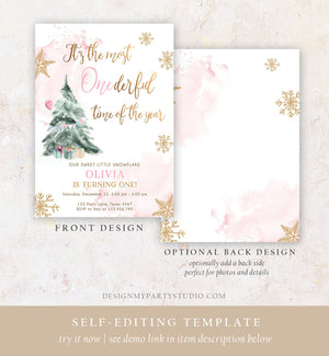 Editable Most Onederful Time Of The Year Birthday Invitation First Winter ONEderland Pink Gold Tree Christmas Snowflake Corjl Template 0363