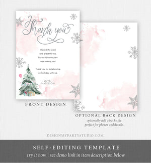 Editable Winter Tree Thank You Card Watercolor Birthday Winter Onederland Pink Girl Christmas Snow Snowflake Template Download Corjl 0363