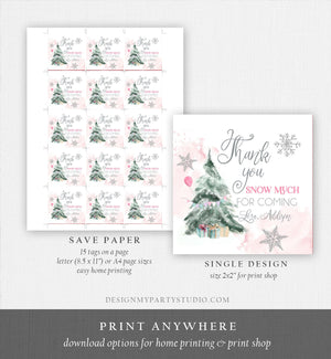 Editable Winter Tree Thank You Tag Winter Onederland Girl Christmas Thank You Snow Much Birthday Pink Silver Gift Corjl Printable 0363