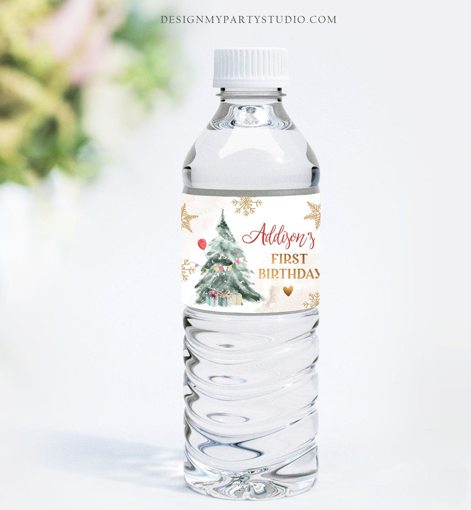 Editable Winter Onederland Water Bottle Labels Winter Birthday Party Red Neutral Gold Wonderland Party Printable Template Corjl 0363