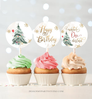 Winter ONEderland Cupcake Toppers Winter Tree Birthday Party Decorations Oh What Fun Gold Neutral Red Stickers Digital PRINTABLE 0363