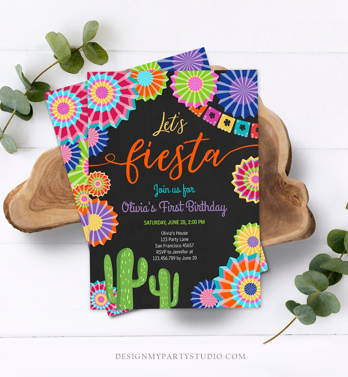 Editable Let's Fiesta Birthday Invitation ANY AGE Girl First Birthday Uno Cactus Cinco Mayo Mexican Download Corjl Template Printable 0236