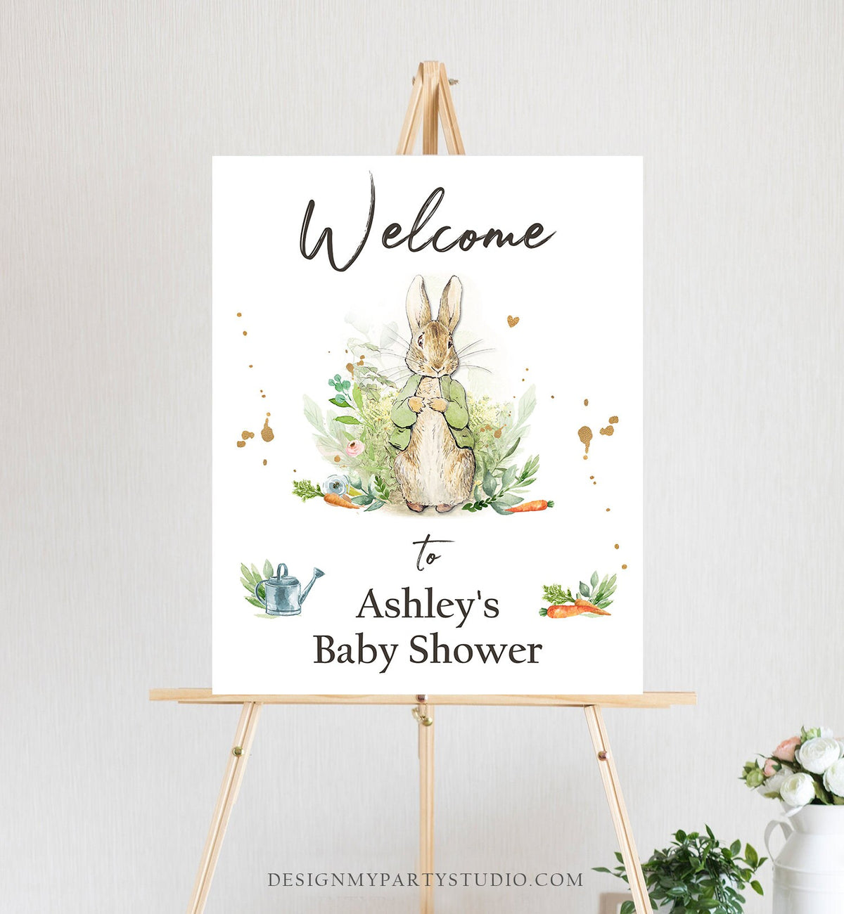 Editable Peter Rabbit Welcome Sign Baby Shower Welcome Peter Rabbit Watercolor Bunny Green Gender Neutral Printable Template PRINTABLE 0351
