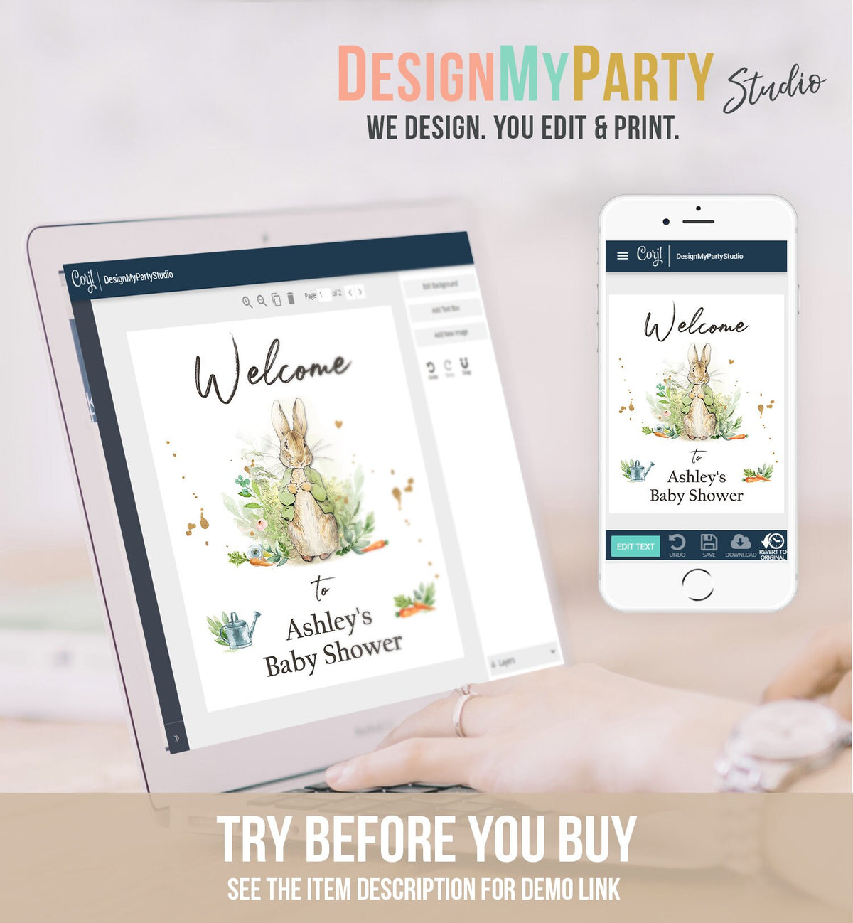 Editable Peter Rabbit Welcome Sign Baby Shower Welcome Peter Rabbit Watercolor Bunny Green Gender Neutral Printable Template PRINTABLE 0351