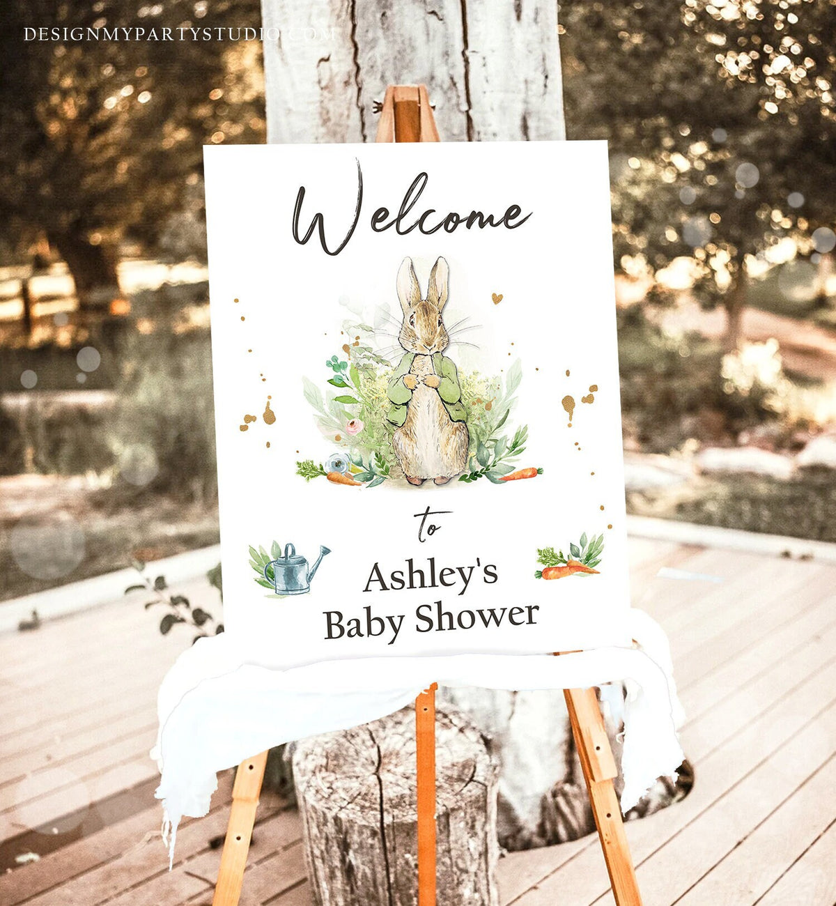 Editable Peter Rabbit Welcome Sign Baby Shower Welcome Peter Rabbit Watercolor Bunny Green Gender Neutral Printable Template PRINTABLE 0351