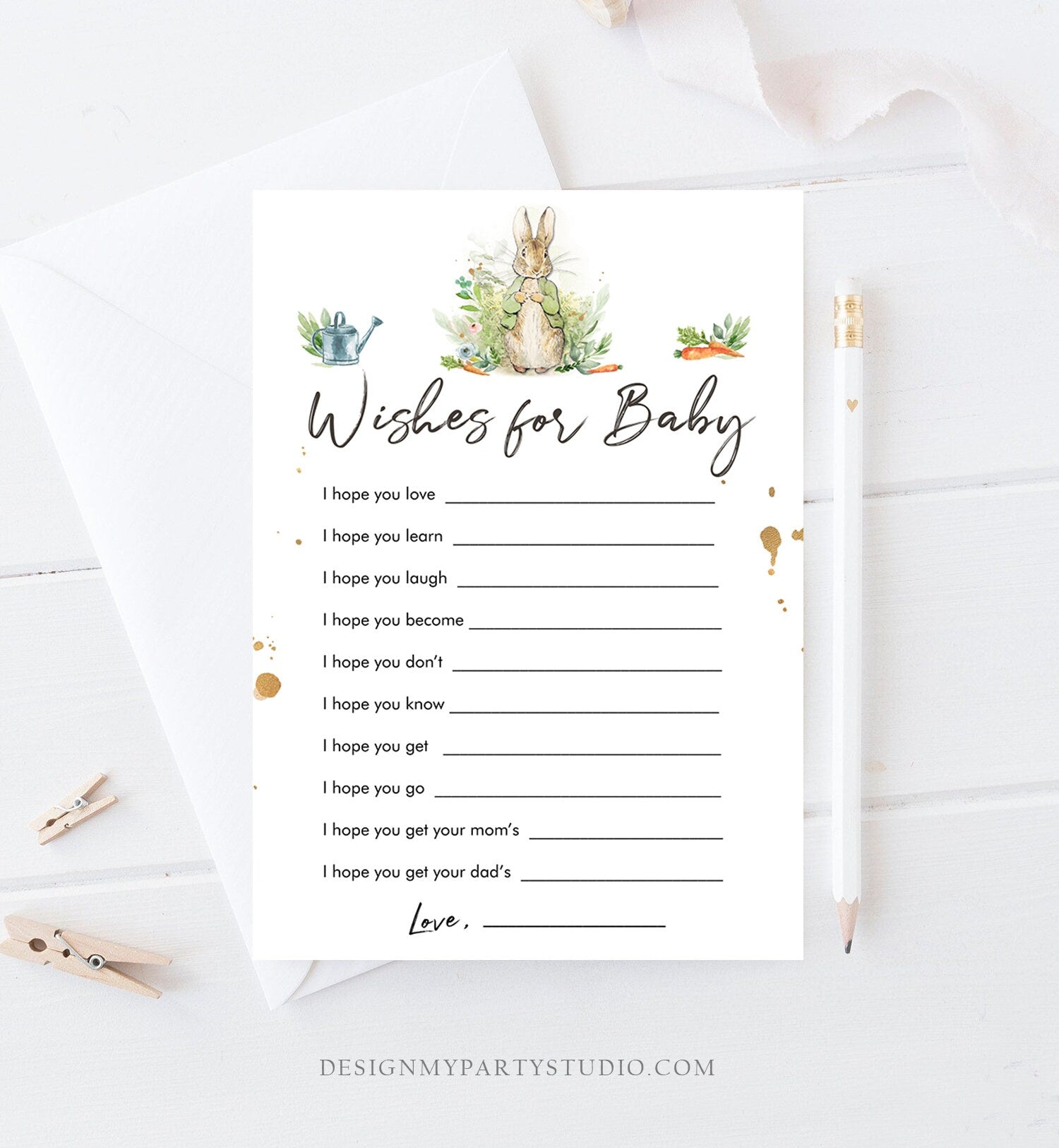 Editable Whishes for the Baby Game Baby Shower Greenery Peter Rabbit Baby Shower Bunny Spring Neutral Rustic Corjl Template Printable 0351
