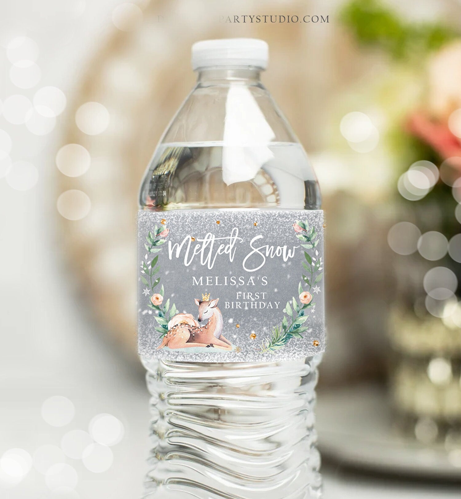 Editable Winter Deer Water Bottle Labels Winter Onederland Party Decor Girl 1st Birthday Pink Gold Christmas Printable Template Corjl 0265