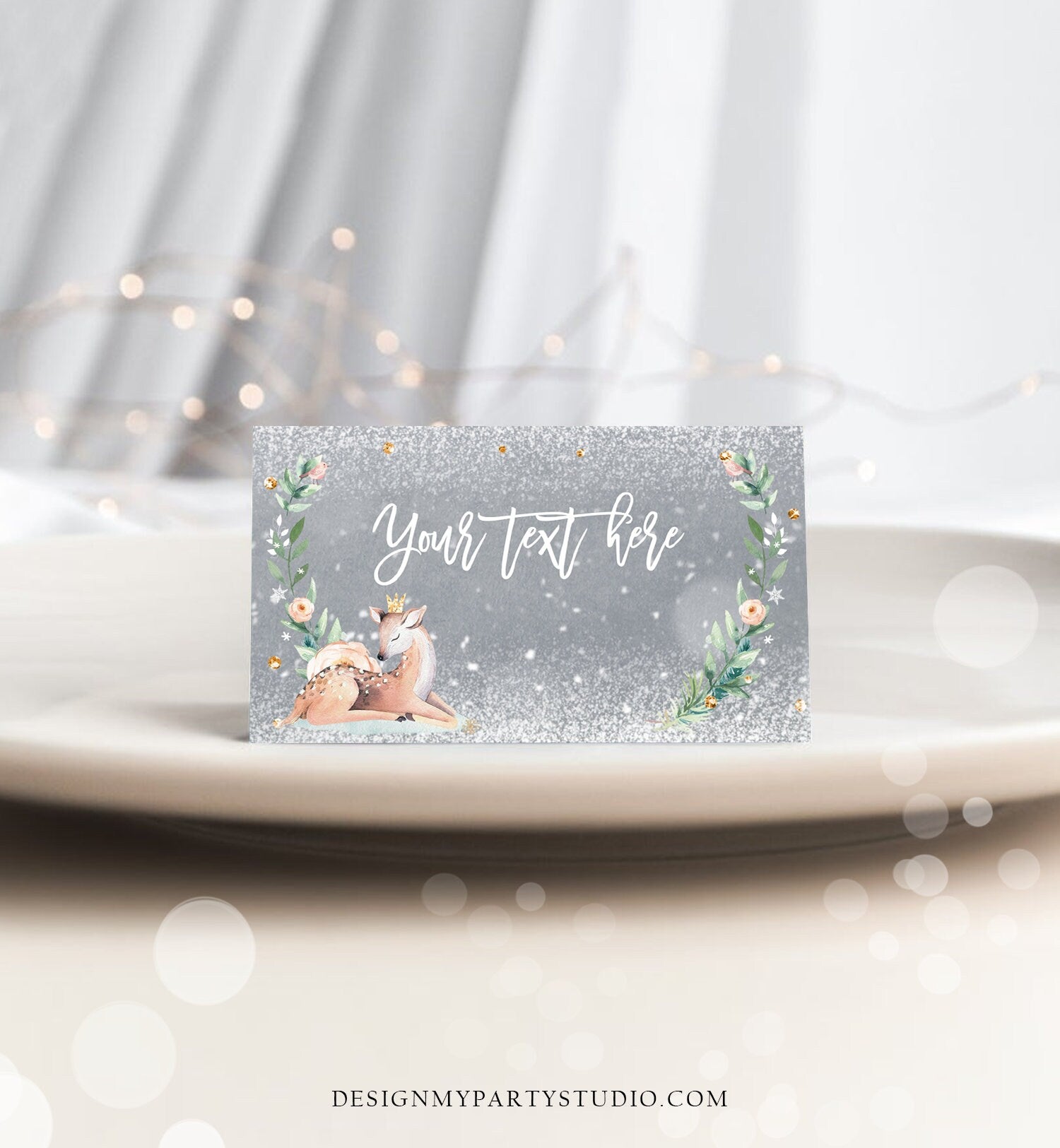 Editable Winter Deer Food Tent Label Place Card Baby It's Cold Outside Girl Birthday Baby Shower Snow Printable Template Corjl 0265