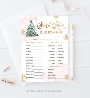 Editable Secret Sister Questionnaire Baby Shower Game Winter Tree Cold Outside Snowflake Girl Pink Gold Corjl Template Printable 0363