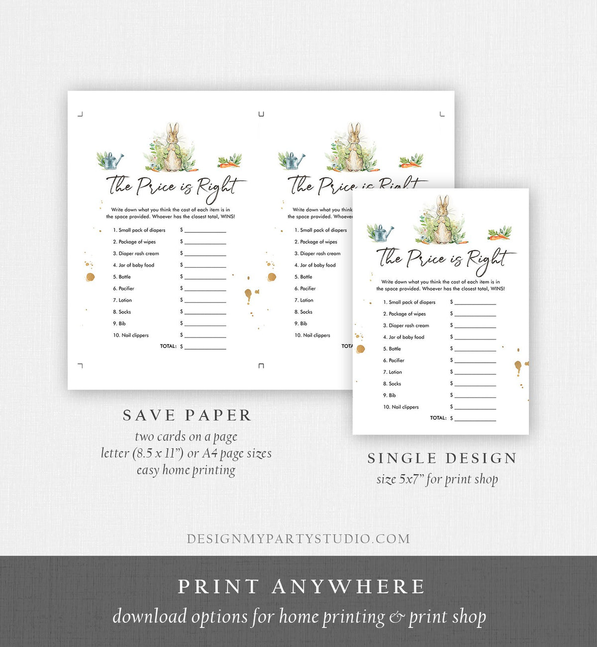 Editable The Price is Right Baby Shower Game Greenery Peter Rabbit Shower Bunny Baby Shower Neutral Rustic Corjl Template Printable 0351