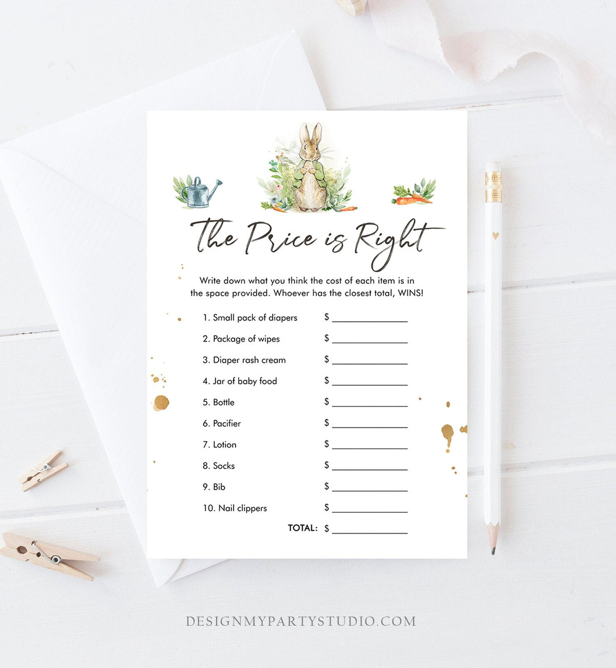 Editable The Price is Right Baby Shower Game Greenery Peter Rabbit Shower Bunny Baby Shower Neutral Rustic Corjl Template Printable 0351