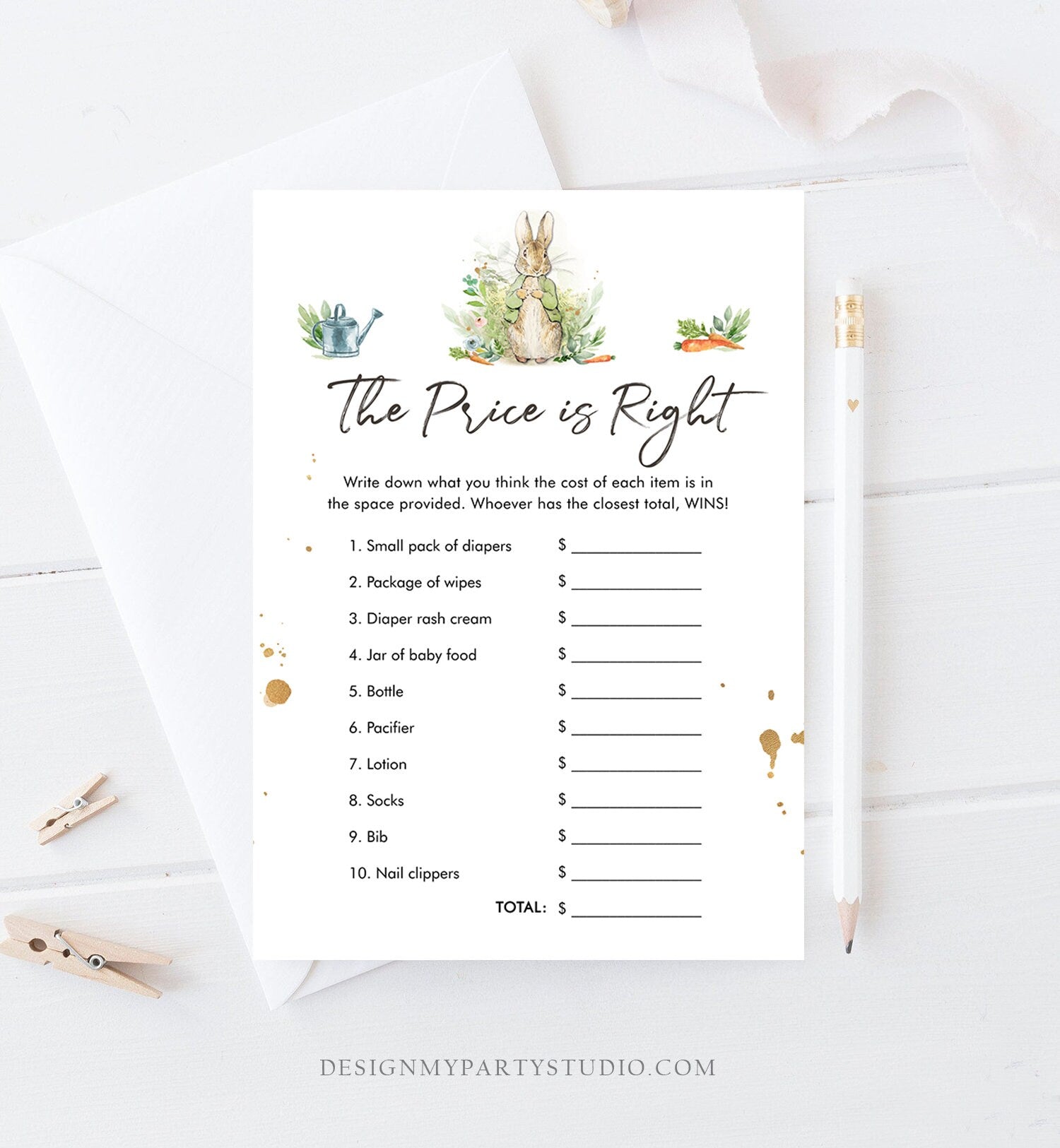 Editable The Price is Right Baby Shower Game Greenery Peter Rabbit Shower Bunny Baby Shower Neutral Rustic Corjl Template Printable 0351