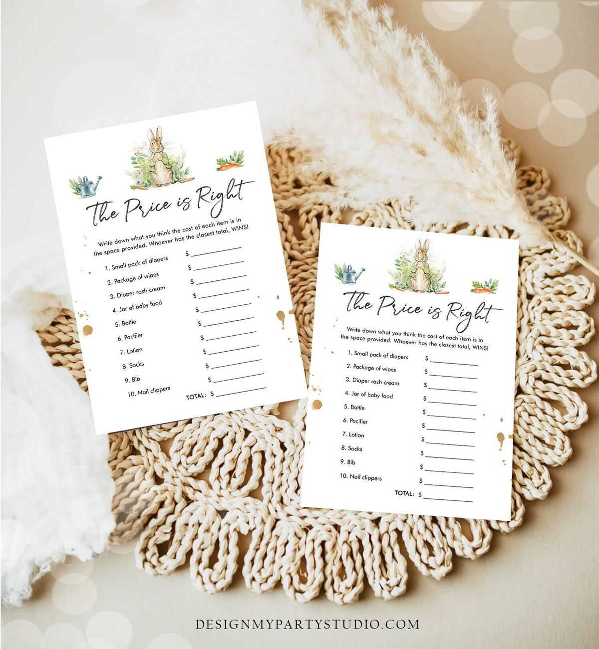 Editable The Price is Right Baby Shower Game Greenery Peter Rabbit Shower Bunny Baby Shower Neutral Rustic Corjl Template Printable 0351