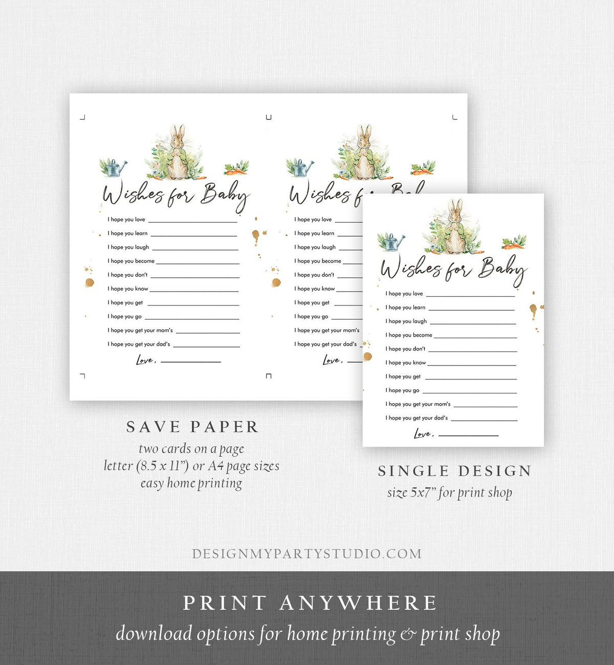 Editable Whishes for the Baby Game Baby Shower Greenery Peter Rabbit Baby Shower Bunny Spring Neutral Rustic Corjl Template Printable 0351