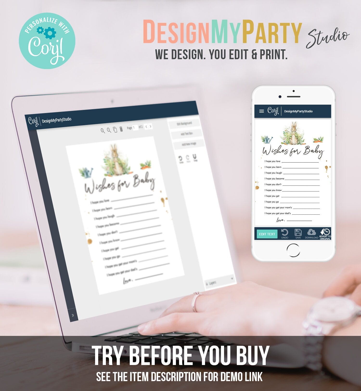 Editable Whishes for the Baby Game Baby Shower Greenery Peter Rabbit Baby Shower Bunny Spring Neutral Rustic Corjl Template Printable 0351