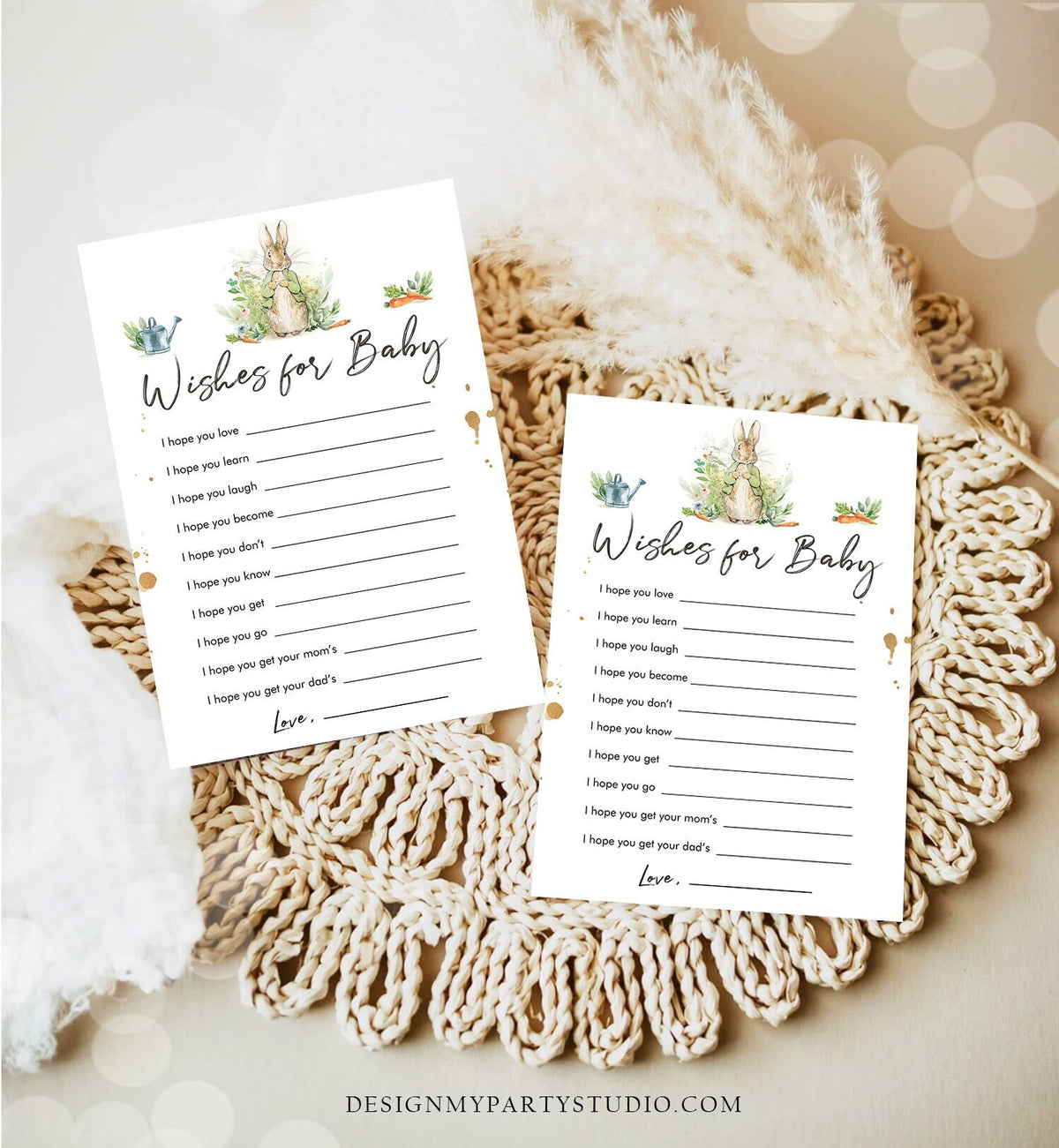 Editable Whishes for the Baby Game Baby Shower Greenery Peter Rabbit Baby Shower Bunny Spring Neutral Rustic Corjl Template Printable 0351