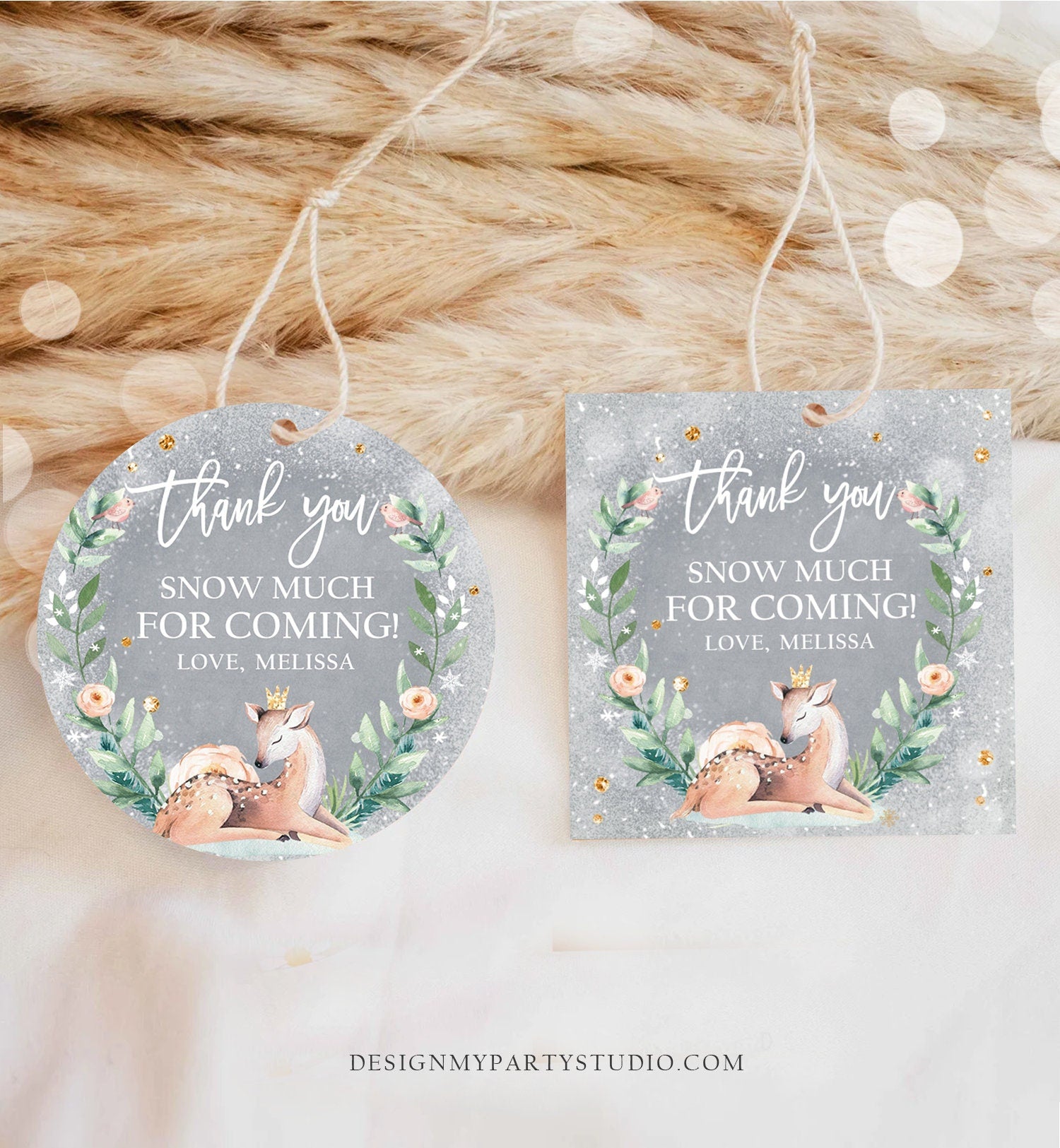Editable Winter Deer Favor Tag Winter Onederland Birthday Snowflakes Thank You Tag Christmas Winter Pink Gold Girl Corjl 0265