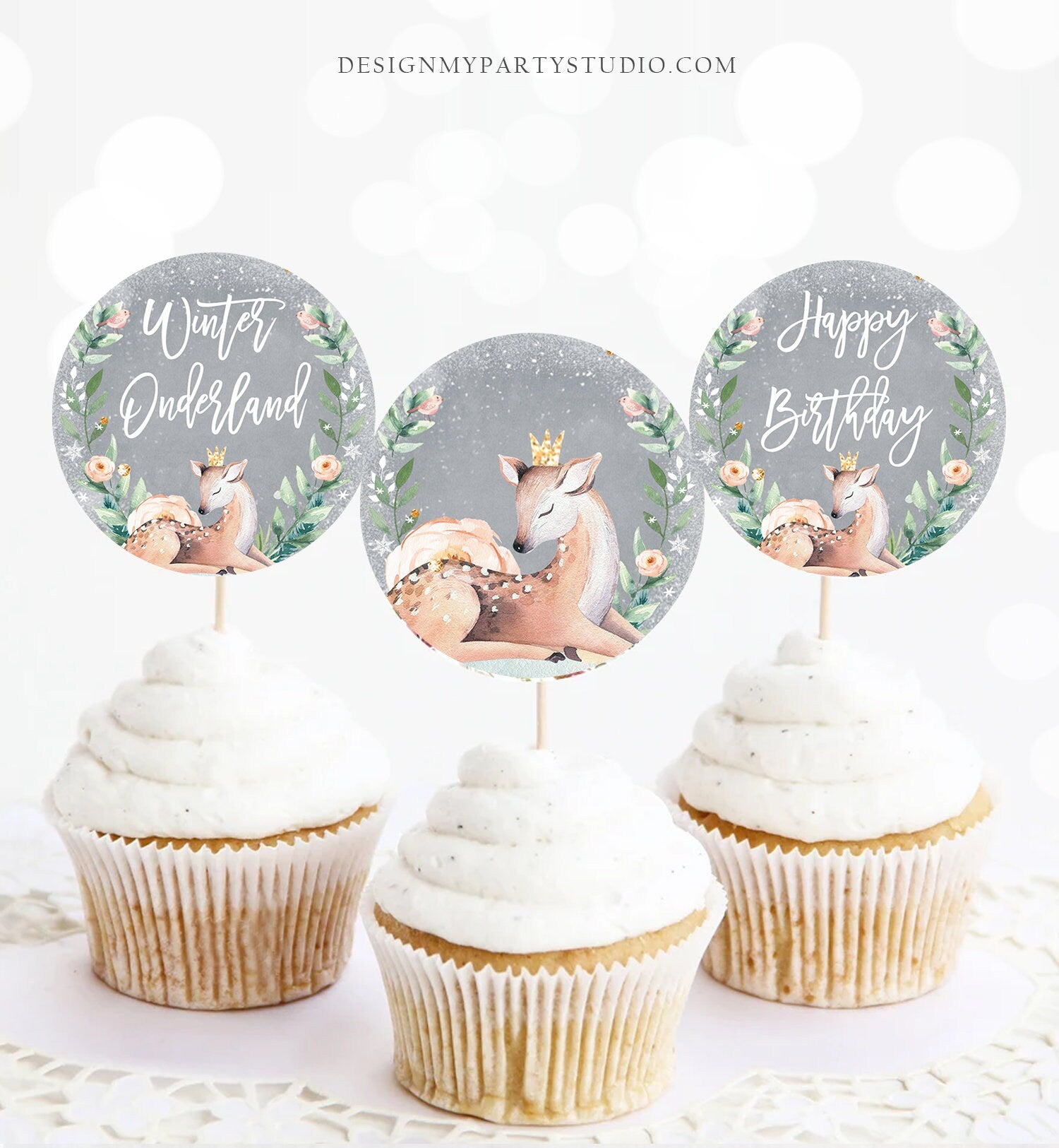Winter Deer Cupcake Toppers Winter Onederland Birthday Party Decorations Oh What Fun Girl Pink Stickers Tags Download Digital PRINTABLE 0265